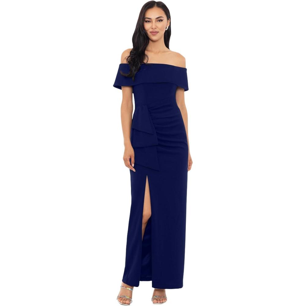 imageXscape Womens Long Off The Shoulder Scuba Crepe Slit DressNavy