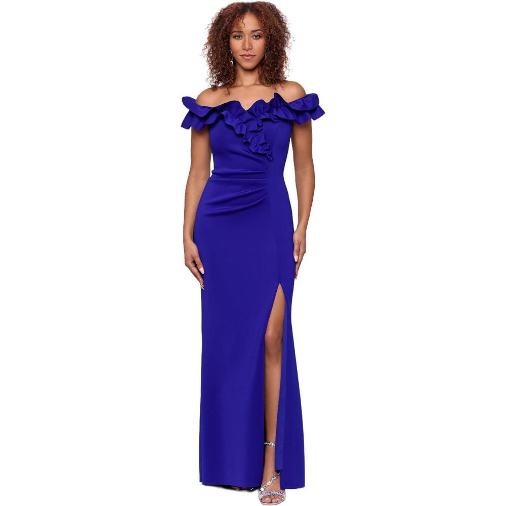 imageXscape Womens Long Stretch Scuba Crepe Ruffle Collar Ruched DressMarine