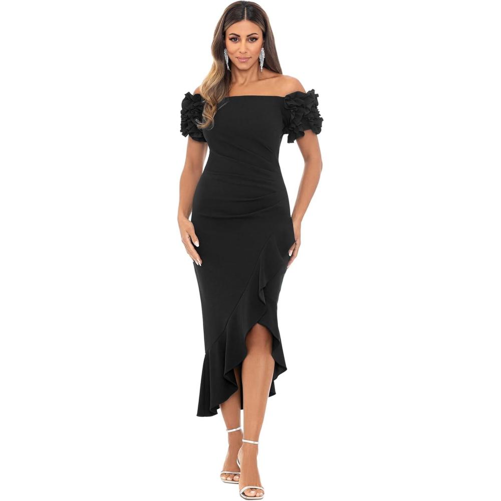 imageXscape Womens Off The Shoulder Ruffle Sleeve Midi Dress Standard ampamp PetiteBlack