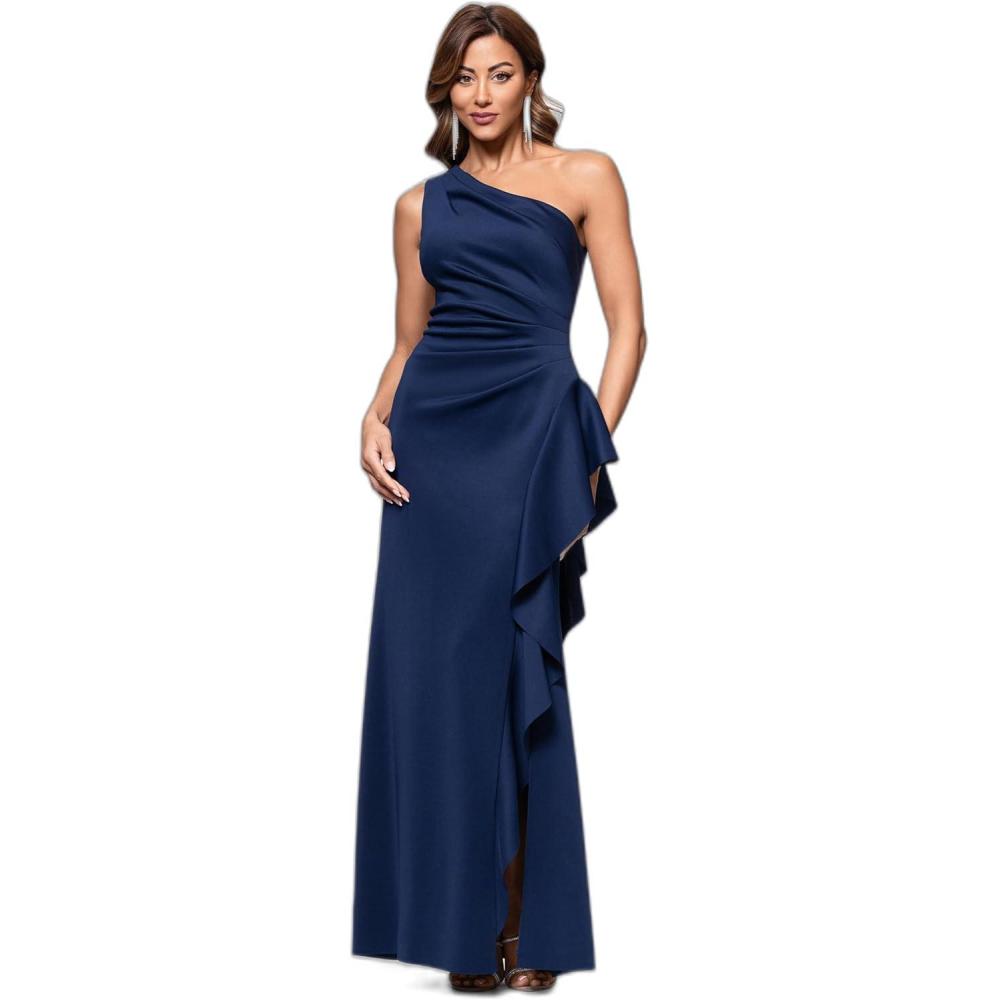 imageXscape Womens OneShoulder Gown with Cascading Ruffle Detail and Ruched WaistMidnight