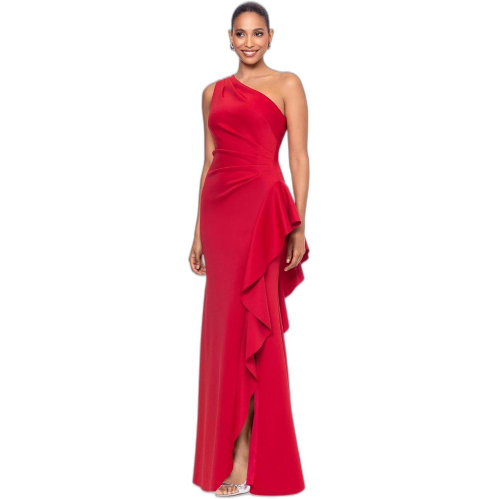 imageXscape Womens OneShoulder Gown with Cascading Ruffle Detail and Ruched WaistRed