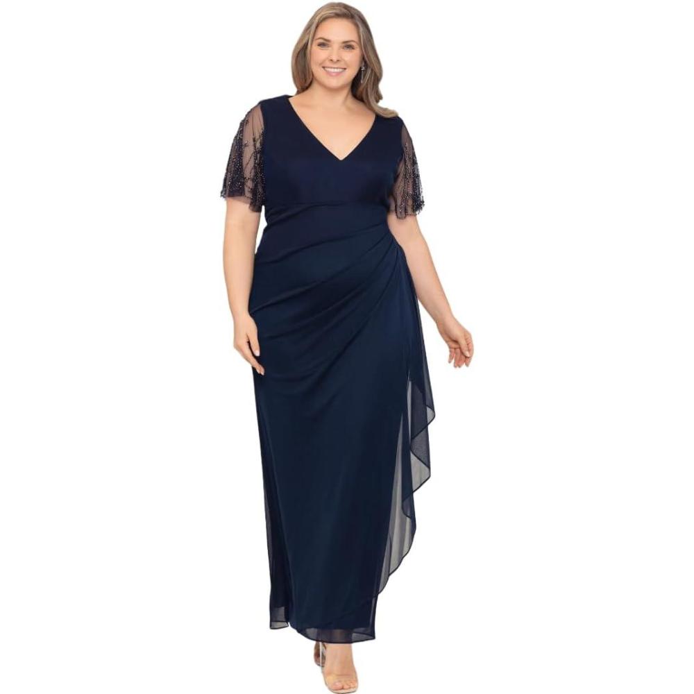 imageXscape Womens Plus Sheer Matte Jersey Maxi Dress with Beaded Sleeves and Side RuchingNavyMetal