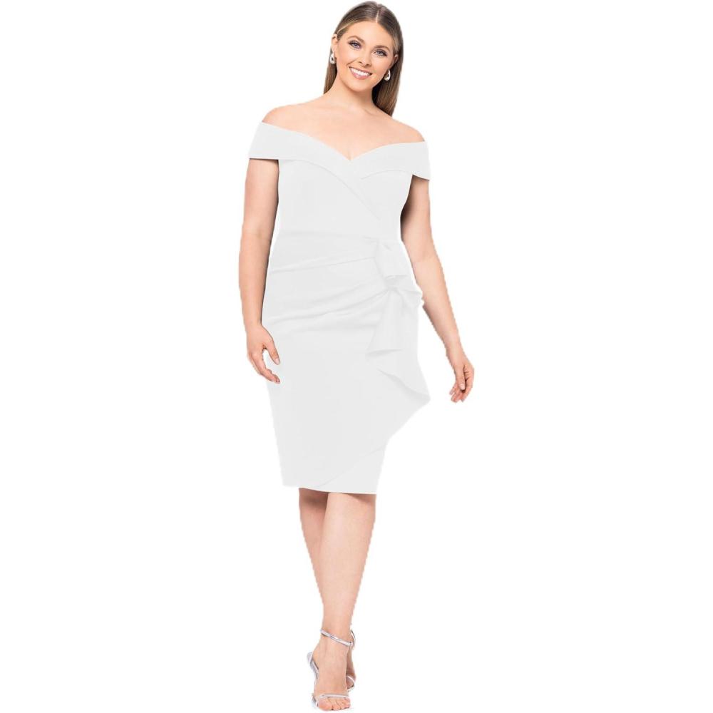 imageXscape Womens Plus Short Scuba OffTheShoulder Ruffle Midi Dress with Center Back Zipper Ivory 14W