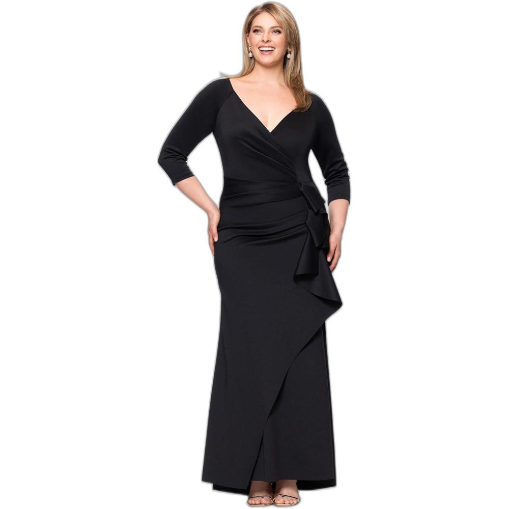 imageXscape Womens Plus Size Long 34 Sleeve VNeck Side Ruched DressSpecial Occasion DressBlack