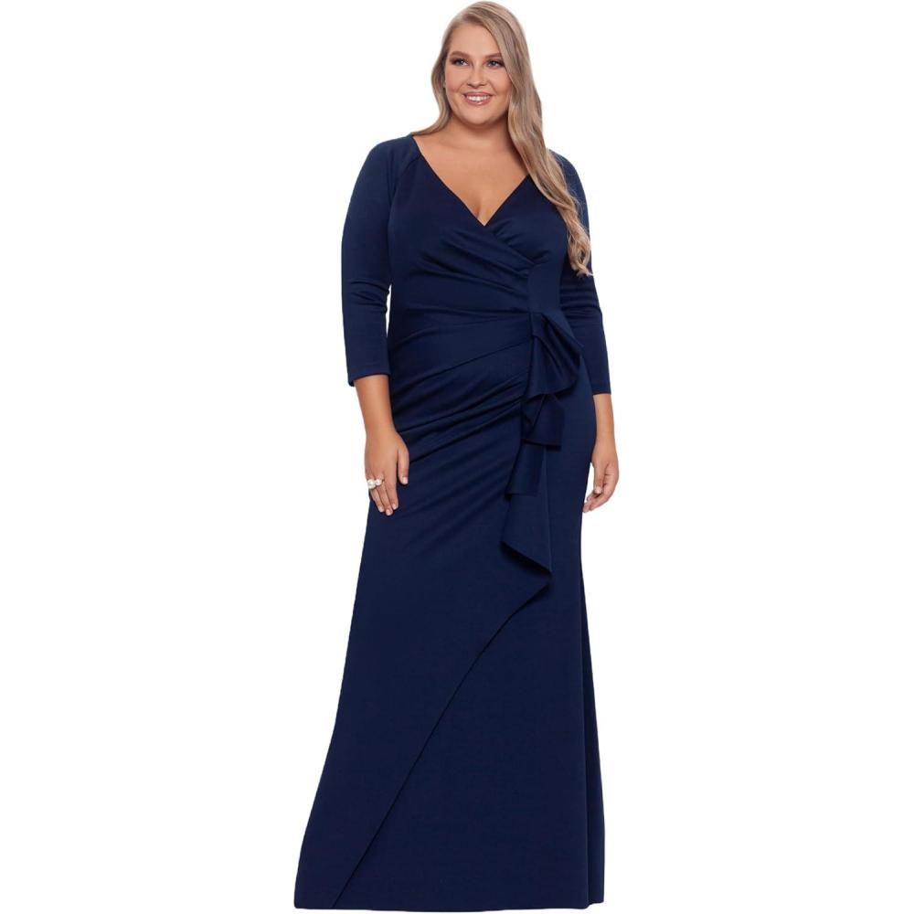 imageXscape Womens Plus Size Long 34 Sleeve VNeck Side Ruched DressSpecial Occasion DressMidnight