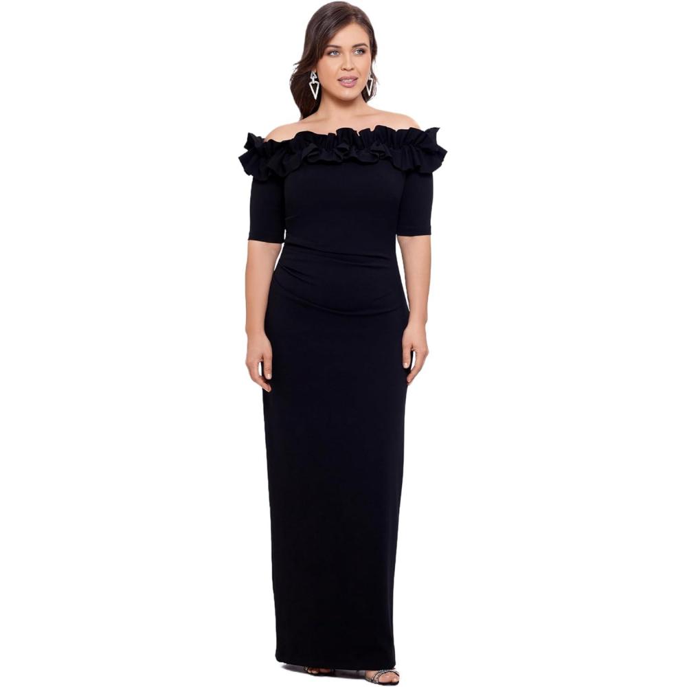 imageXscape Womens Plus Size Long Off The Shoulder Ruffle Scuba Crepe DressBlack