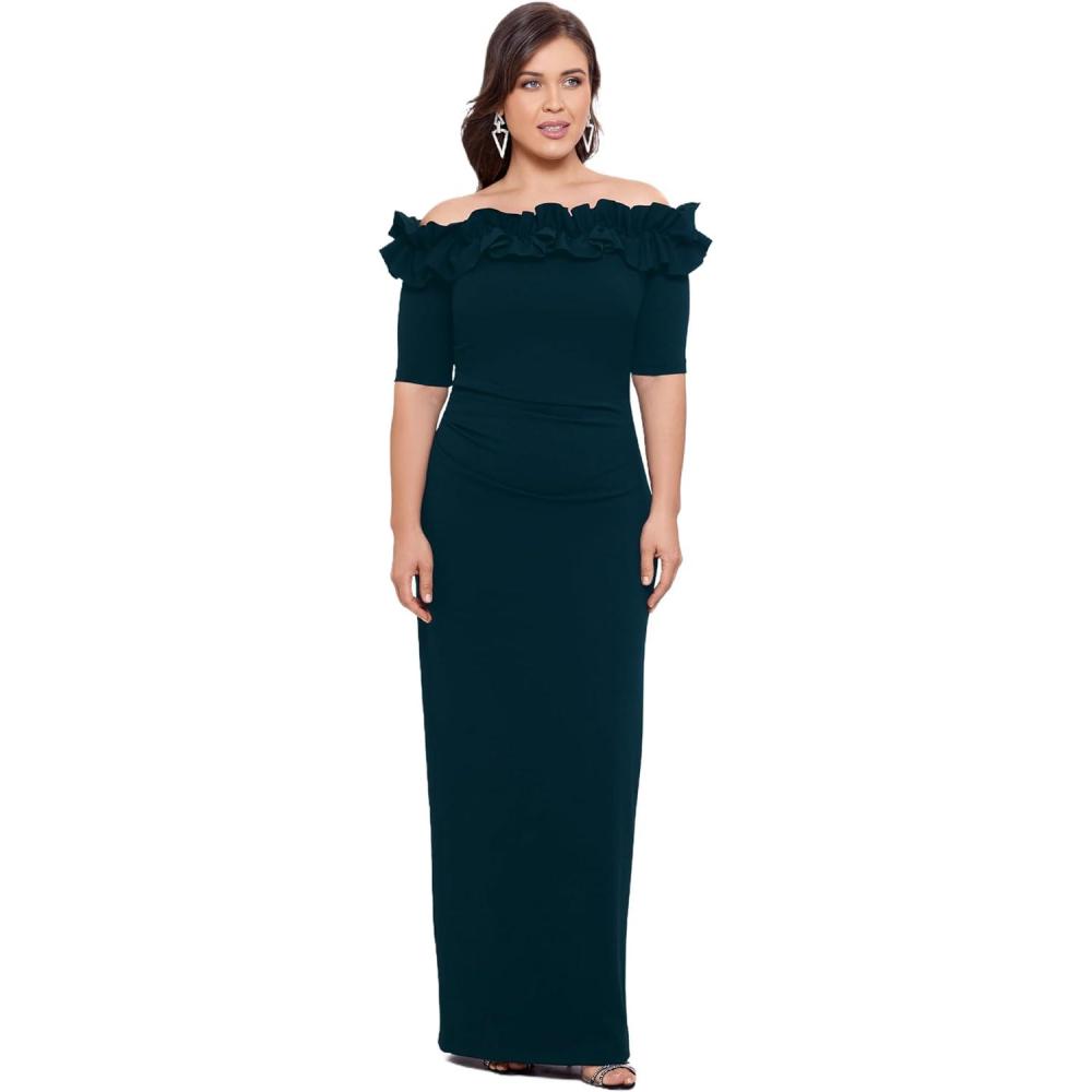 imageXscape Womens Plus Size Long Off The Shoulder Ruffle Scuba Crepe DressPine