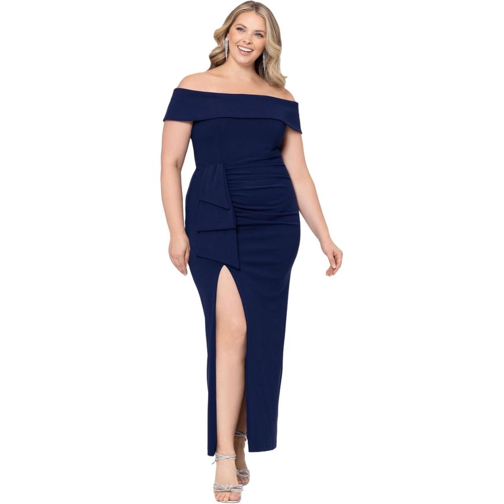 imageXscape Womens Plus Size Long Off The Shoulder Scuba Crepe Dress Navy 14W