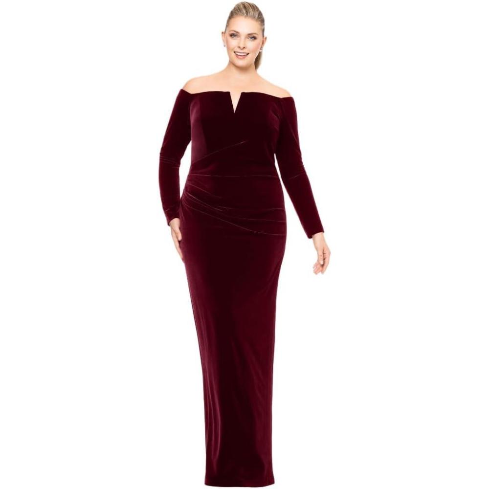 imageXscape Womens PlusSize OffTheShoulder Velvet Long Sleeve Maxi Dress with Vbar Neckline and Center Back ZipperBurgundy