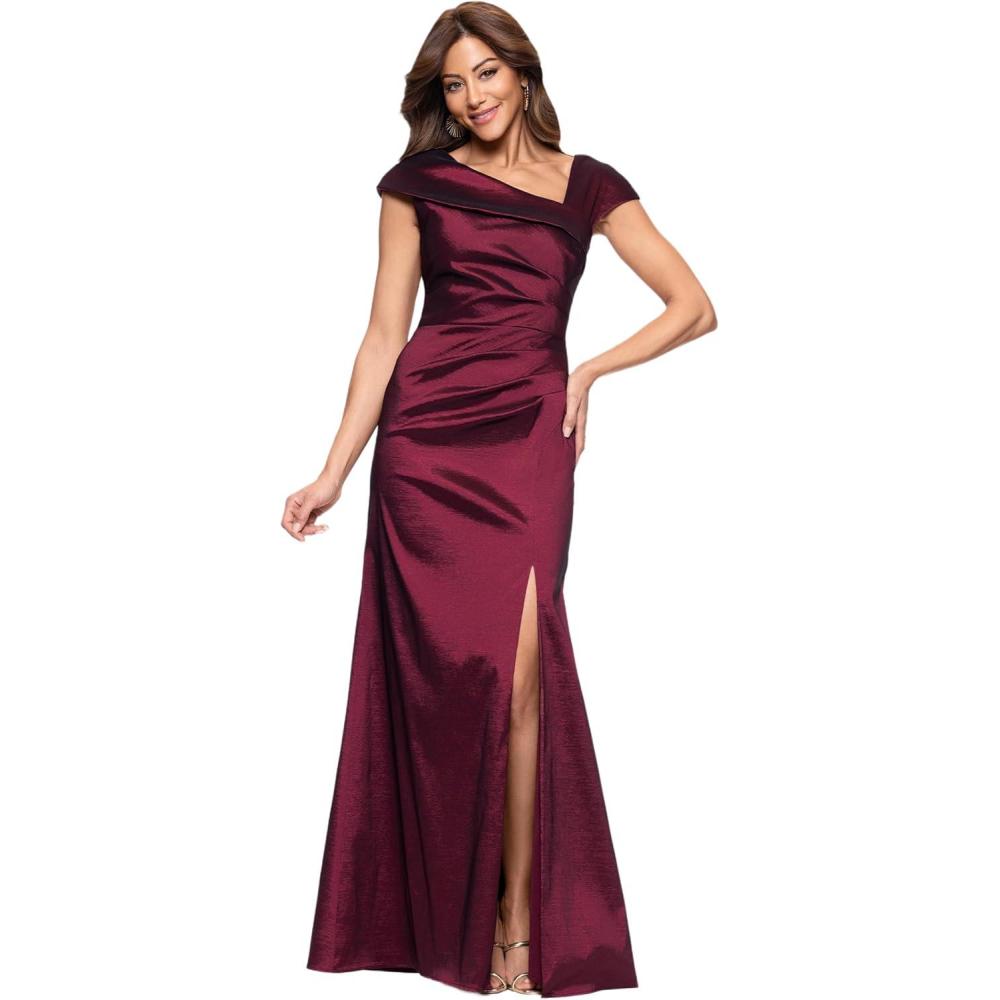 imageXscape Womens Sleeveless Asymmetrical Taffeta Neck Gown with Side Slit Wine 4