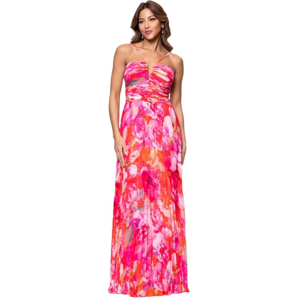imageXscape Womens Sleeveless Long Halter V Neck Printed Pleated Spaghetti Strap DressRedPink