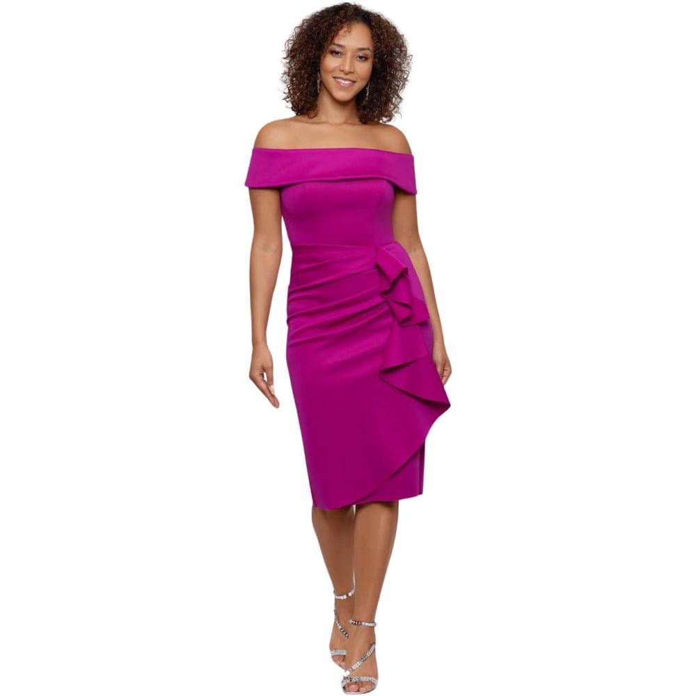 imageXscape Womens Womens KneeLength OffTheShoulder with Ruffled Side Detail and Fitted SilhouetteOrchid Pink