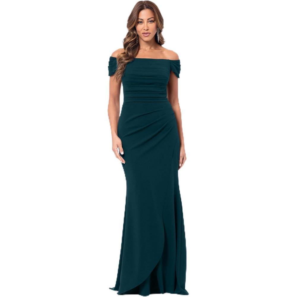imageXscape Womens Womens OffTheShoulder Gown with Pleated Bodice Draped Detail and Fitted SilhouettePine