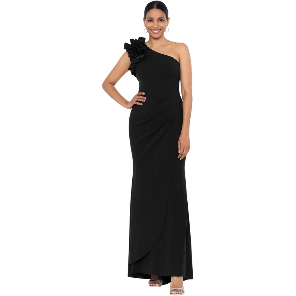 imageXscape Womens Womens OneShoulder FloorLength Scuba Crepe Dress with Ruffle Detail Reg and PetiteBlack