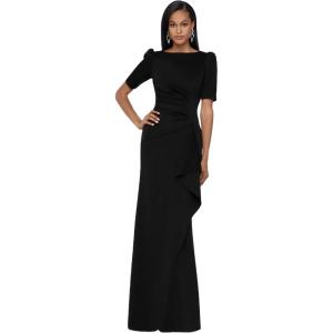 Xscape Women’s 3/4 Sleeve Long Scuba Dress with Side Ruching(Black)