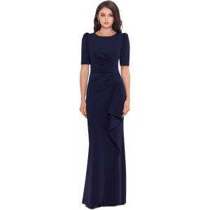 Xscape Women’s 3/4 Sleeve Long Scuba Dress with Side Ruching(Midnight)