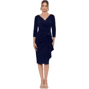 Xscape Women’s 3/4 Sleeve V-Neck Side Ruched Midi Dress (Reg and Petite)(Midnight)