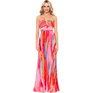 Xscape Women’s Asymmetrical Neck Cap Sleeve Ruched High Slit Gown(Fushia Multi)