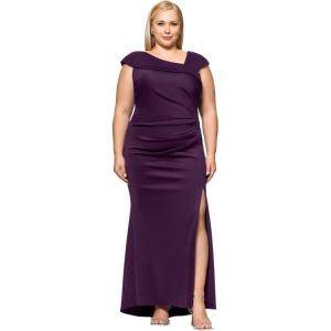 Xscape Womens Betsy & Adam Women’s Scuba Asymmetrical Ruffle One Shoulder Floor Length Dress(Plum)