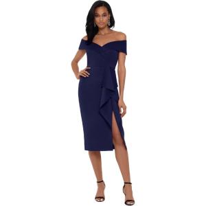 Xscape Women’s Knee Length Off-The-Shoulder Scuba Side Slit Dress(Midnight Navy Blue)