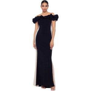 Xscape Women’s Long Off The Shoulder Ruffle Beaded Mesh Back Dress(Black Nude Silver)