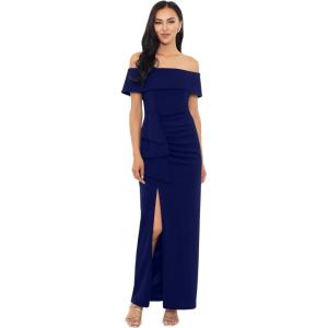 Xscape Women’s Long Off The Shoulder Scuba Crepe Slit Dress(Navy)