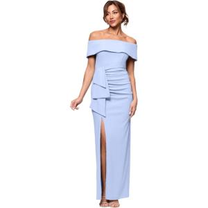 Xscape Women’s Long Off The Shoulder Scuba Crepe Slit Dress(Peri)