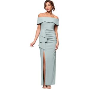 Xscape Women’s Long Off The Shoulder Scuba Crepe Slit Dress(Sage)