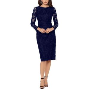 Xscape Women’s Long Sleeve Raised Floral Lace Midi Length Dress (Reg and Petite), Navy, 16