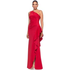 Xscape Women’s One-Shoulder Gown with Cascading Ruffle Detail and Ruched Waist(Red)