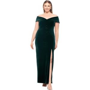 Xscape Women’s Plus Long Velvet Off-The-Shoulder Gown with Leg Slit and Center Back Zipper(Green)