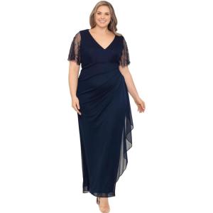 Xscape Women’s Plus Sheer Matte Jersey Maxi Dress with Beaded Sleeves and Side Ruching(Navy/Metal)