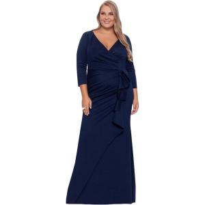 Xscape Womens Plus Size Long 3/4 Sleeve V-Neck Side Ruched DressSpecial Occasion Dress(Midnight)