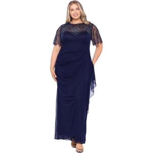 Xscape Women’s Plus Size Long Beaded Sequin Illusion Neckline Jersey Dress(Navy)