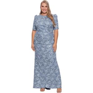 Xscape Womens Plus Size Long Floral Lace Sequin Side Ruched DressSpecial Occasion Dress(Blue/Silver)