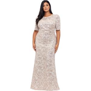 Xscape Womens Plus Size Long Floral Lace Sequin Side Ruched DressSpecial Occasion Dress(Sand)