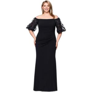 Xscape Women’s Plus Size Long Illusion Sleeve Off The Shoulder Dress(Black)