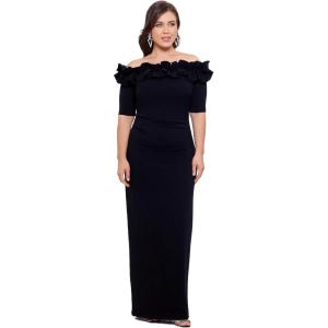 Xscape Women’s Plus Size Long Off The Shoulder Ruffle Scuba Crepe Dress(Black)