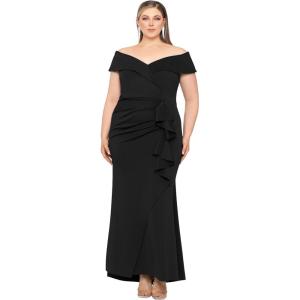 Xscape Women’s Plus Size Off Shoulder Sweetheart Neck Ruffle Long Dress(Black)