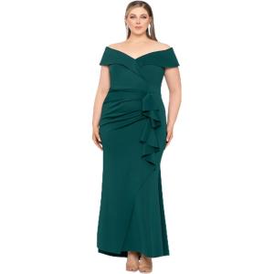 Xscape Women’s Plus Size Off Shoulder Sweetheart Neck Ruffle Long Dress(Hunter Green)