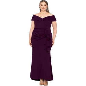 Xscape Women’s Plus Size Off Shoulder Sweetheart Neck Ruffle Long Dress(Plum)