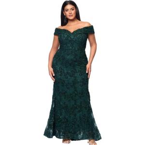 Xscape Women’s Plus Size Off The Shoulder Sweetheart Neckline Long Lace Dress(Hunter Green)