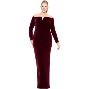 Xscape Women’s Plus-Size Off-The-Shoulder Velvet Long Sleeve Maxi Dress with V-bar Neckline and Center Back Zipper(Burgundy)