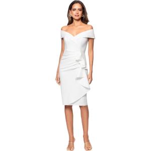 Xscape Women’s Short Scuba Off-The-Shoulder Ruffle Midi Dress with Center Back Zipper(Ivory)