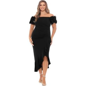 Xscape Women’s Size Off The Shoulder Ruffle Sleeve Midi Dress (Plus)(Black)