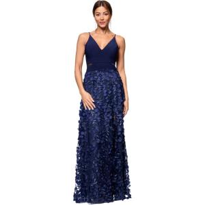 Xscape Women’s Sleeveless V-Neck Raised Flower Skirt Gown with Side Slit, Navy/Navy, 2