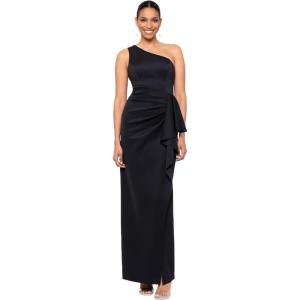 Xscape Womens Women’s Floor-Length, One-Shoulder, with Draped Ruffle Detail, Side Slit, and Fitted Silhouette(Black)