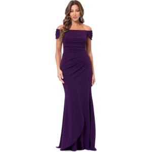 Xscape Womens Women’s Off-The-Shoulder Gown with Pleated Bodice, Draped Detail, and Fitted Silhouette.(Mulberry)