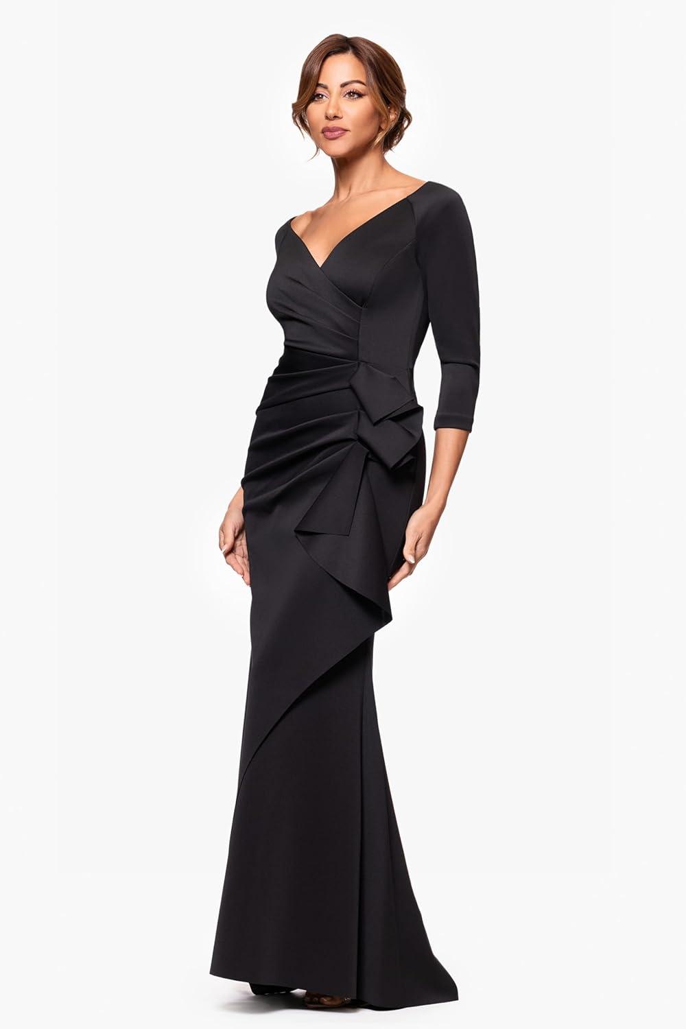 imageXscape Womens Long 34 Sleeve VNeck Side Ruched Gown Reg and Petite Black 14P