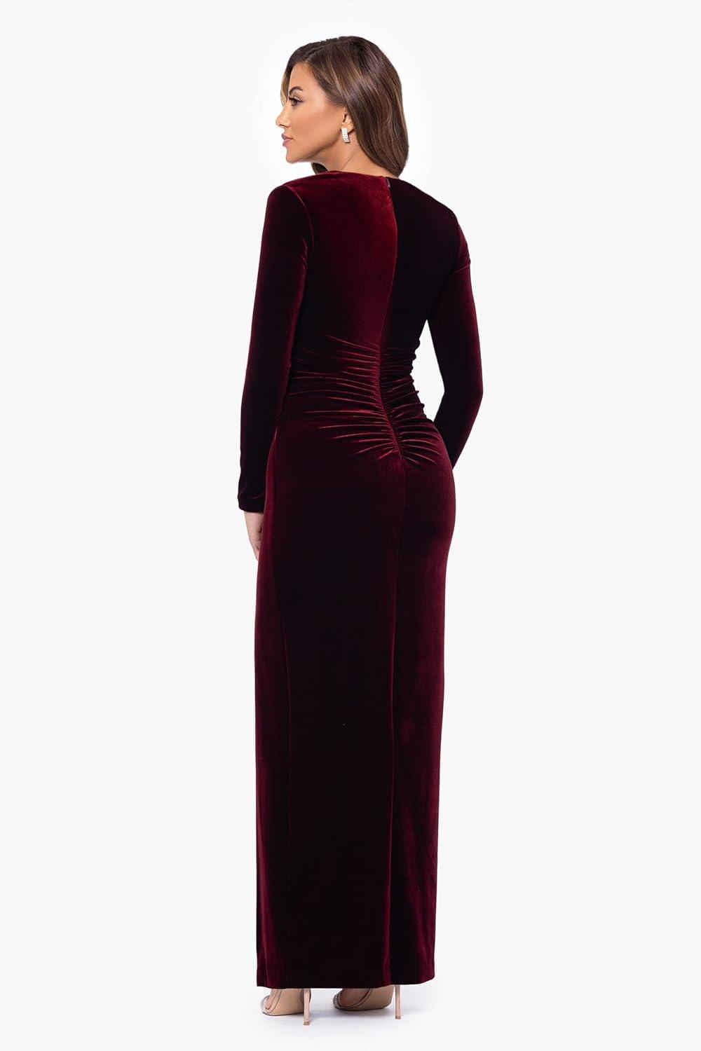 imageXscape Womens Long 34 Sleeve VNeck Side Ruched Gown Reg and PetiteBurgundy